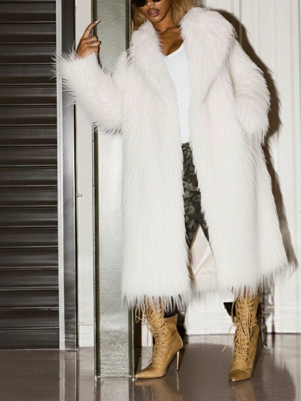White Casual Women's Faux Fur Long Coat